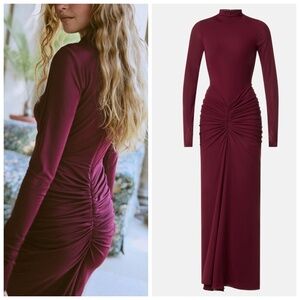 Ronny Kobo Scorpio Mock Neck Ruched Mesh Jersey Oxblood Burgundy Dress MEDIUM